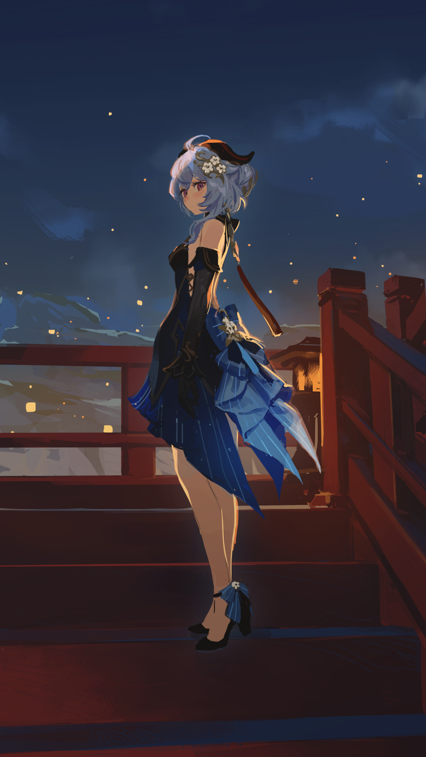 1girl, absurdres, ahoge, bare_shoulders, black_dress, black_footwear, black_gloves, blue_dress