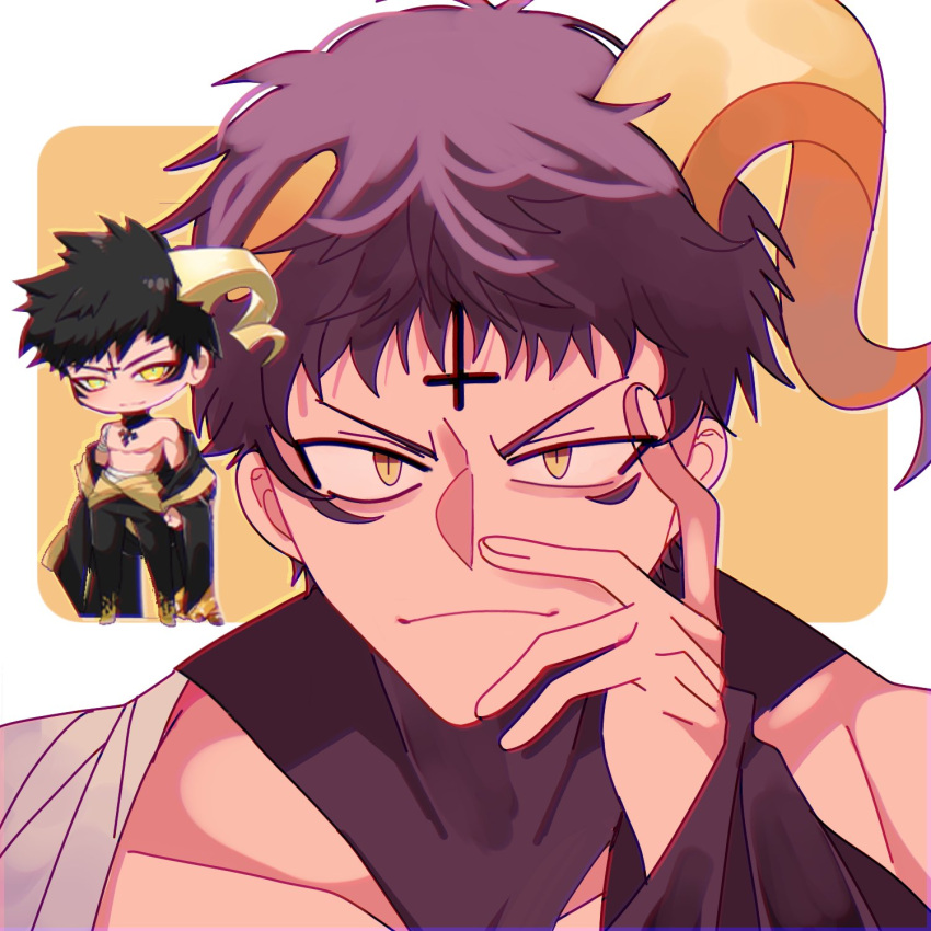 1boy, black_hair, broken_horn, cross, cross_tattoo, demon_boy, demon_horns, highres