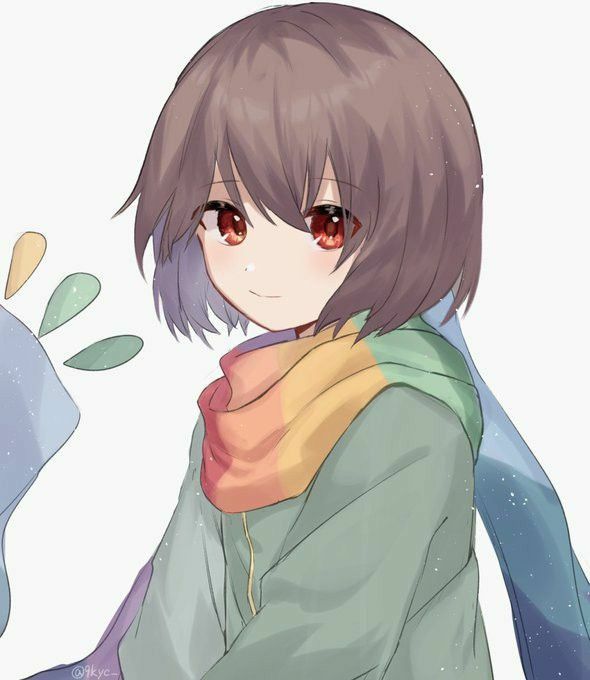 1other, alternate_universe, artist_request, blue_scarf, brown_hair, chara_(undertale), closed_mouth, colored_inner_hair