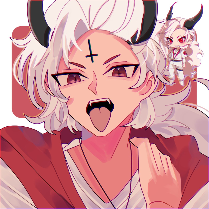 1boy, cross, cross_tattoo, demon_boy, demon_horns, fangs, highres, horns