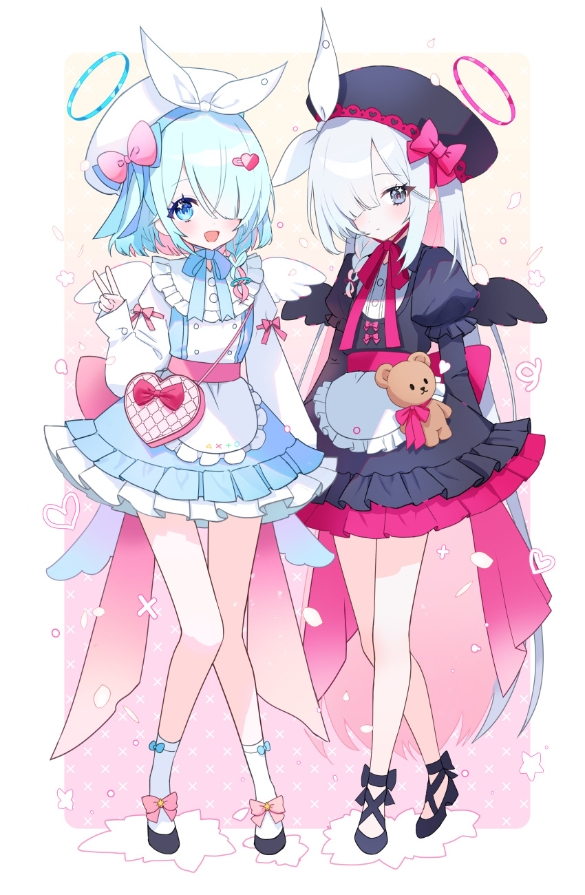 2girls, :d, absurdres, alternate_costume, apron, arona_(blue_archive), beret, black_dress