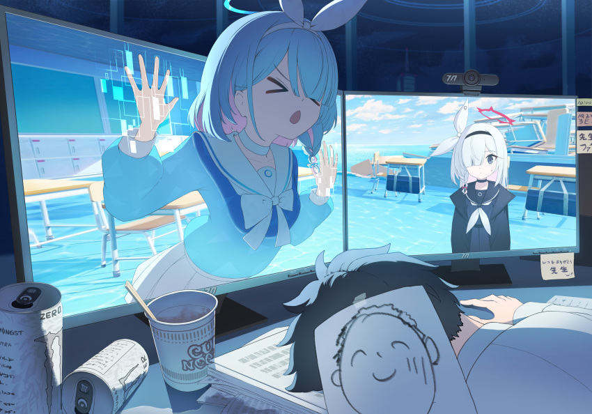 >_<, 1boy, 2girls, :o, absurdres, arms_at_sides, arona_(blue_archive), black_eyes