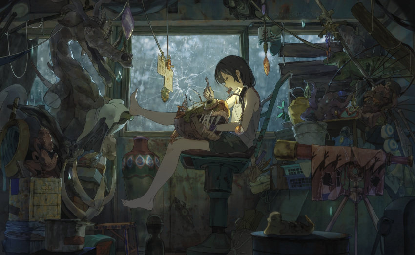 1boy, absurdres, androgynous, anglerfish, bare_legs, black_hair, black_shorts, broken_window