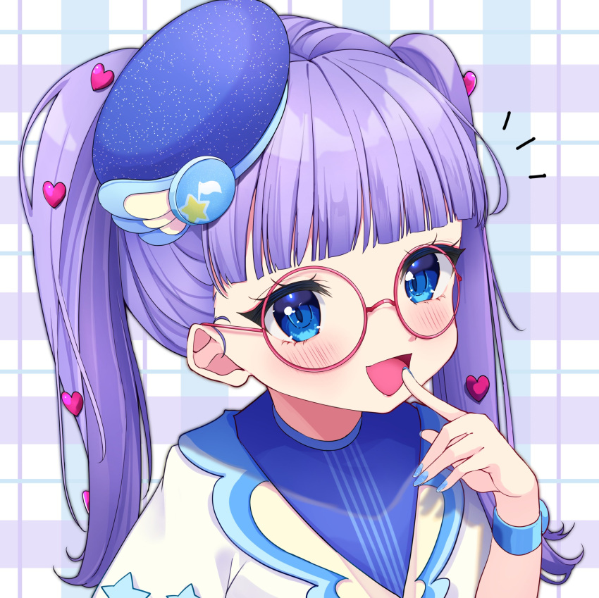 1girl, :d, absurdres, blue_eyes, blue_hat, blue_nails, blunt_bangs, blush