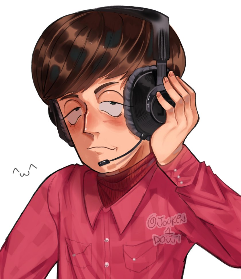 1boy, ^3^, art_trade, artist_name, bowl_cut, brown_hair, buttons, closed_mouth, eyelashes, green_eyes, headphones, holding, holding_headphones, howard_wolowitz, jouken1douji, long_eyelashes, looking_at_viewer, male_focus, pocket, portuguese_commentary, red_shirt, shiny_skin, shirt, short_hair, simple_background, smile, solo, the_big_bang_theory, upper_body, white_background
