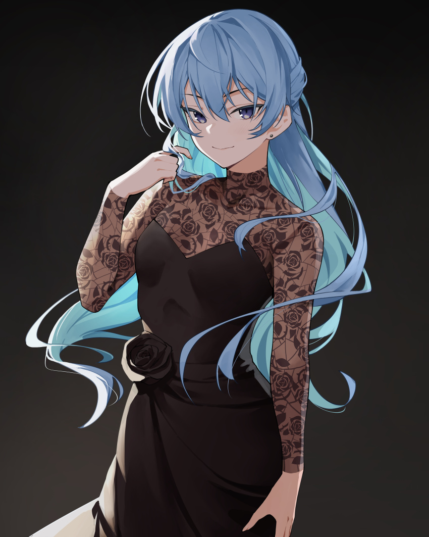 1girl, absurdres, black_background, black_dress, black_flower, black_rose, blue_eyes, blue_hair