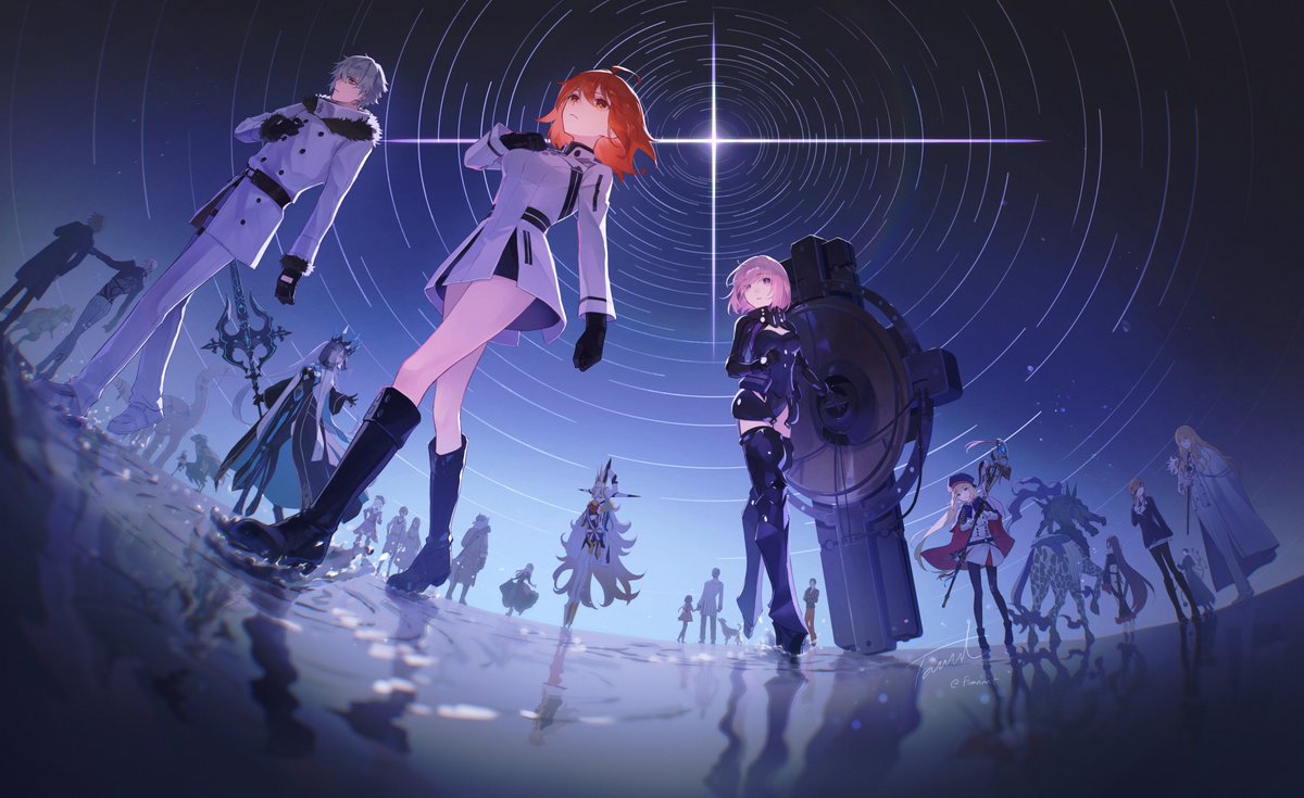 adele_(fate), ahoge, armor, armored_legwear, armored_leotard, artoria_caster_(fate), artoria_caster_(second_ascension)_(fate), artoria_pendragon_(fate), asha_(fate), backless_outfit, belt, beryl_gut, black_armor, black_footwear, black_gloves, black_leotard, black_thighhighs, black_veil, blonde_hair, blue_cape, blue_cloak, boots, cape, capelet, cloak, crown, daybit_sem_void, dress, eyepatch, fate/grand_order, fate_(series), fomnant, from_behind, fujimaru_ritsuka_(female), fujimaru_ritsuka_(female)_(decisive_battle_chaldea_uniform), fur-trimmed_jacket, fur_trim, gerda_(fate), gloves, gorget, hair_over_one_eye, holding, holding_shield, holding_staff, horns, huge_horns, husband_and_wife, jacket, kadoc_zemlupus, kirschtaria_wodime, leotard, long_hair, long_horns, makarios_(fate), marine_nemo_(fate), mash_kyrielight, mash_kyrielight_(ortenaus), medium_hair, miyamoto_musashi_(fate), morgan_le_fay_(fate), morgan_le_fay_(queen_of_winter)_(fate), multicolored_cape, multicolored_capelet, multicolored_clothes, nemo_(fate), night, night_sky, olga_marie_animusphere, ophelia_phamrsolone, orange_eyes, orange_hair, pants, patxi_(fate), ponytail, purple_hair, reflection, reflective_water, scandinavia_peperoncino, sherlock_holmes_(fate), shield, shirt, short_hair, sky, splashing, staff, standing, standing_on_liquid, striped_bodysuit, taur, tepeu_(fate), thigh-highs, twintails, u-olga_marie, veil, violet_eyes, wakchan, walking, walking_on_liquid, water, white_dress, white_hair, white_jacket, white_pants, white_shirt, xiang_yu_(fate), xquic_(fate), yu_mei-ren_(fate)
