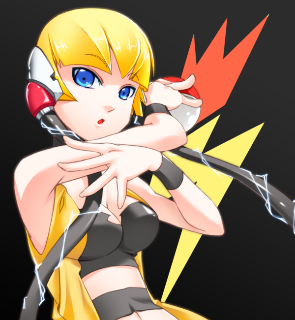 blonde_hair, blue_eyes, bob_cut, bolt_badge, cable, denpa, electricity, gym_leader