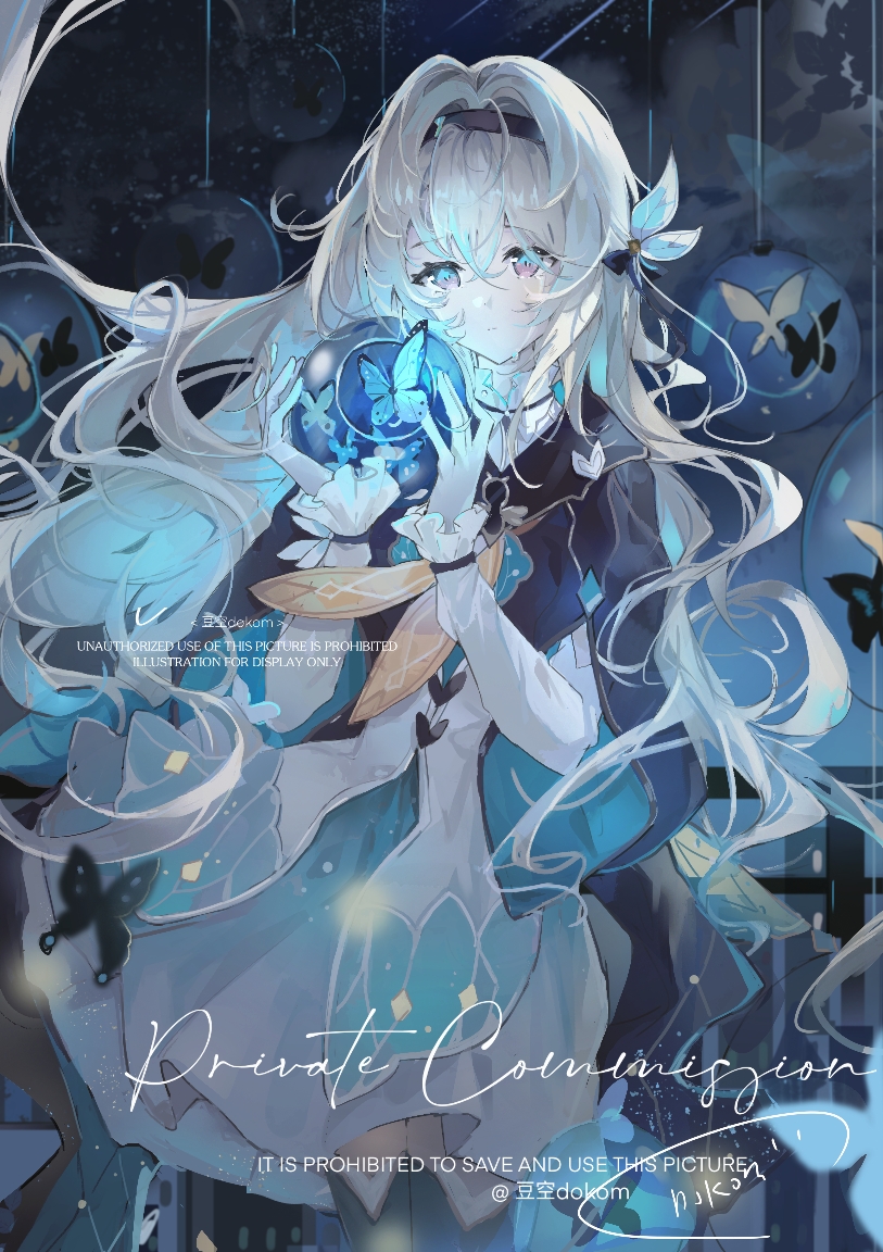 1girl, black_hairband, black_jacket, blue_butterfly, bow, bug, butterfly, collared_shirt