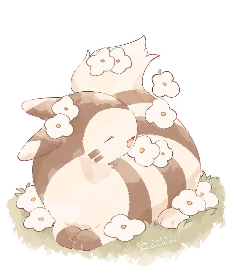 animal_focus, closed_eyes, commentary_request, dated, flower, furret, grass, lying