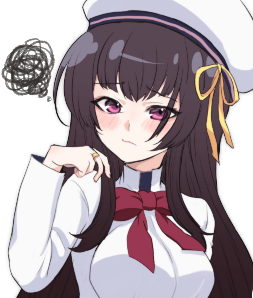 1girl, absurdres, arm_at_side, assault_lily, beret, black_hair, blush, bow