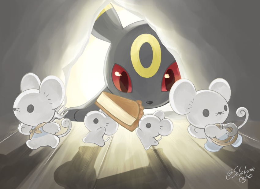 black_eyes, cake, cake_slice, colored_sclera, food, fork, highres, holding, holding_food, looking_at_another, maushold, maushold_(family_of_four), mouse, no_humans, pie, pokemon, pokemon_(creature), red_eyes, red_sclera, running, sasabunecafe, signature, twitter_username, umbreon