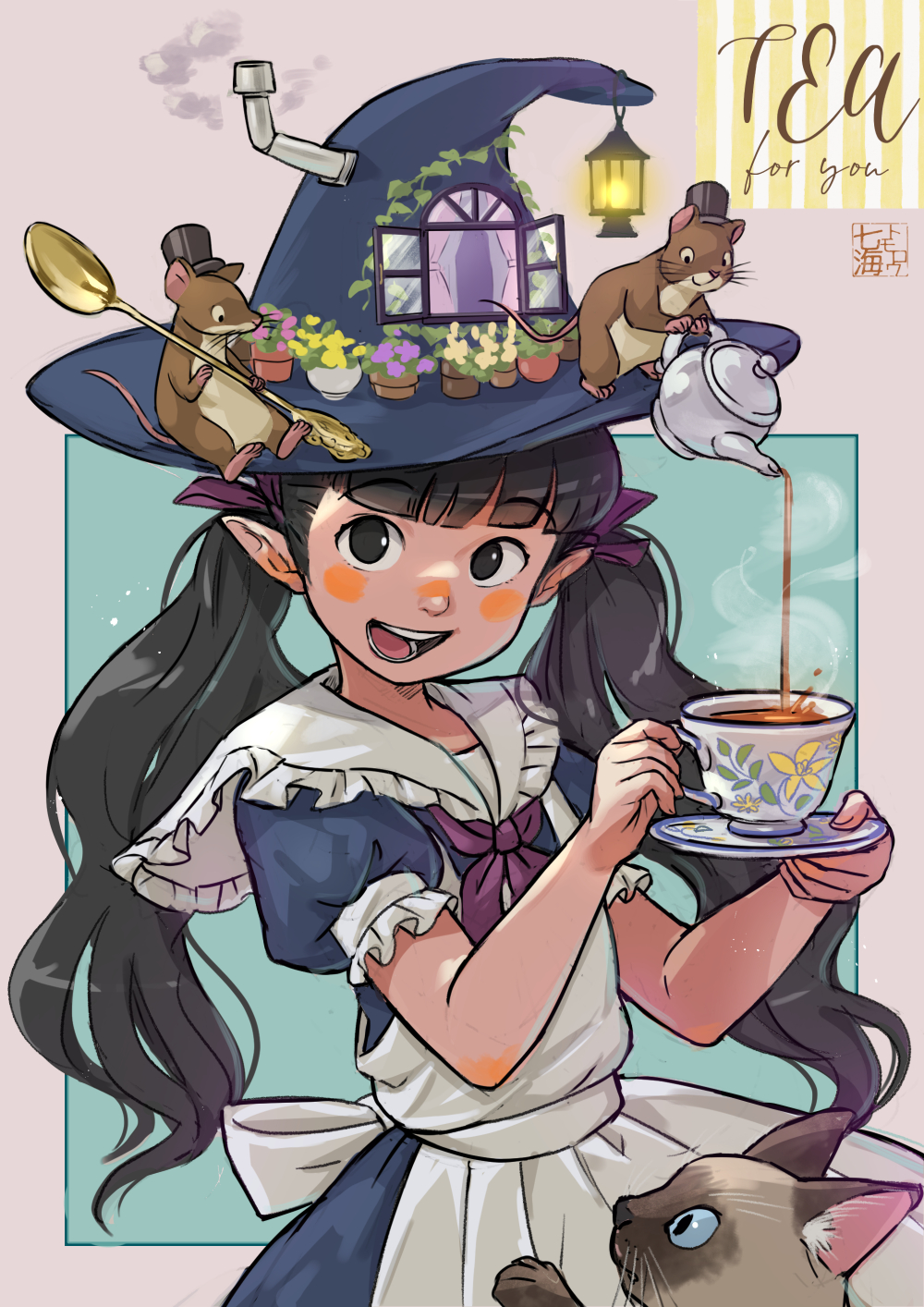 1girl, :d, animal, apron, black_eyes, black_hair, blue_dress, blue_hat