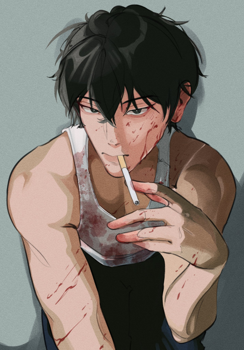 1boy, black_eyes, blood, blood_on_arm, blood_on_clothes, blood_on_face, blood_on_hands, cigar