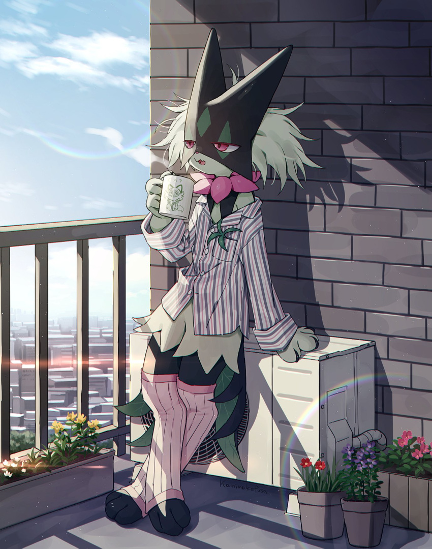 air_conditioner, coffee, coffee_mug, cup, green_fur, highres, kaminokefusa, leg_warmers