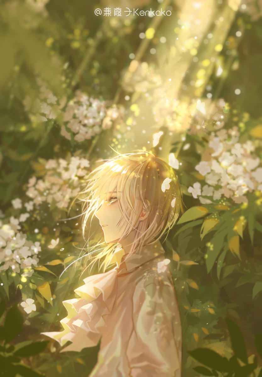 1boy, alkaid_mcgrath, artist_name, ascot, blonde_hair, collared_shirt, falling_petals, flower
