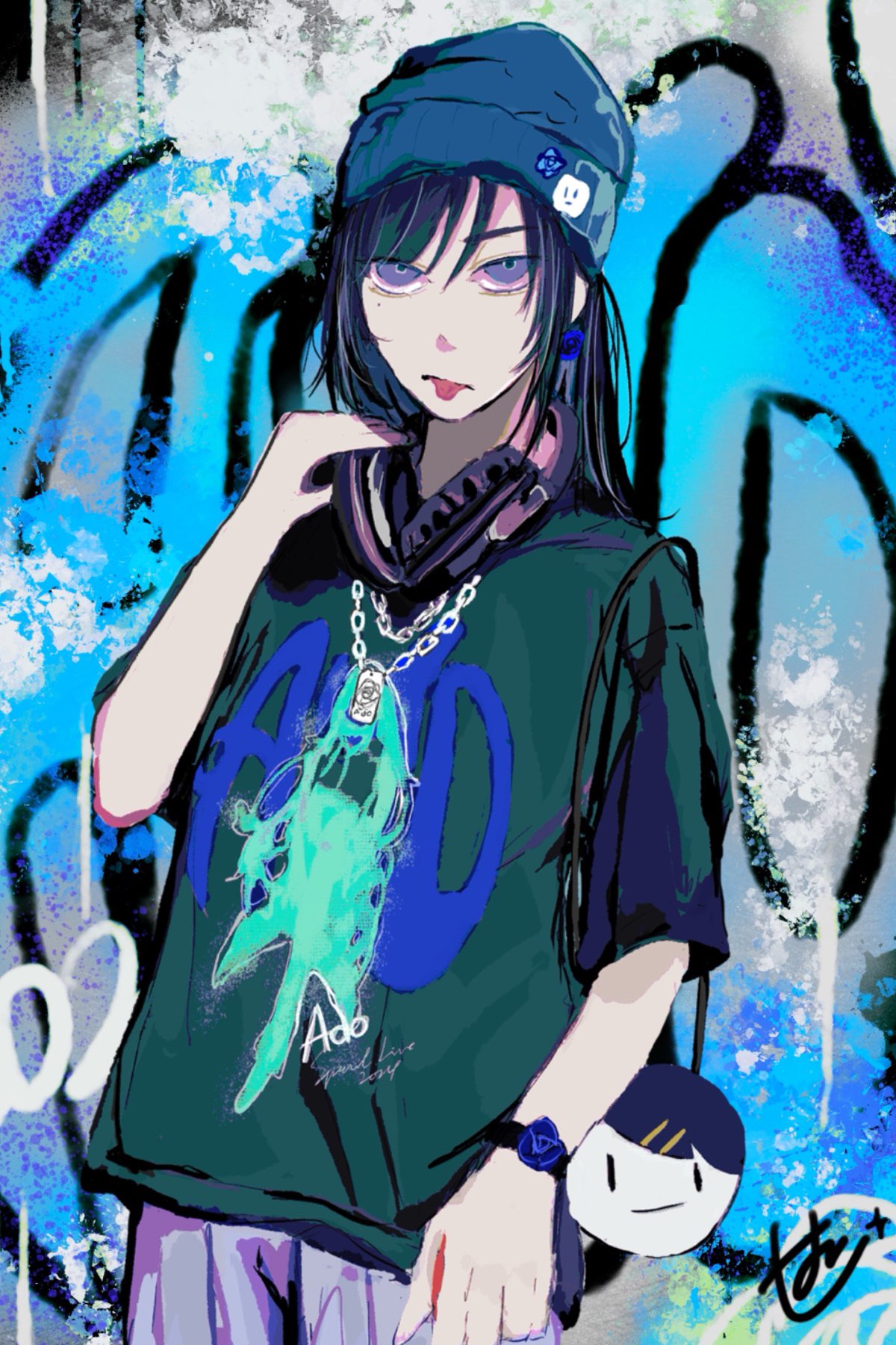 1girl, ado_(utaite), black_hair, blue_beanie, blue_eyes, blue_hair, blue_shirt, bracelet