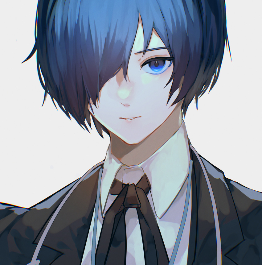 1boy, ayacho_mato, bishounen, black_ribbon, blue_eyes, blue_hair, collared_shirt, expressionless, gekkoukan_high_school_uniform, grey_background, hair_over_one_eye, highres, jacket, male_focus, pale_skin, parted_lips, persona, persona_3, portrait, ribbon, school_uniform, shirt, short_hair, solo, white_shirt, yuuki_makoto_(persona_3)