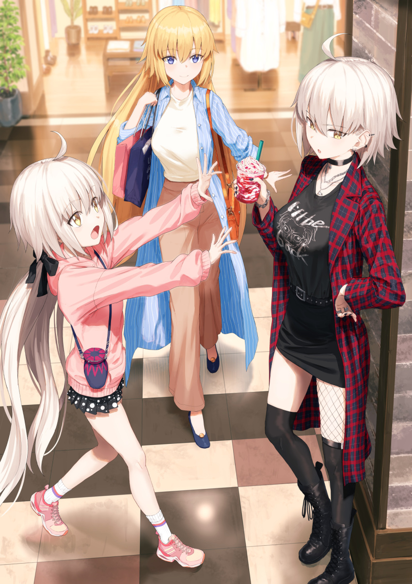 3girls, :d, ahoge, alternate_costume, bag, black_footwear, black_nails, black_shirt, black_skirt, black_thighhighs, blonde_hair, blue_coat, blue_footwear, blurry, breasts, brown_pants, casual, character_print, closed_mouth, clothes_shop, coat, cross-laced_footwear, depth_of_field, drinking_straw, earrings, fate/grand_order, fate_(series), gilles_de_rais_(caster)_(fate), highres, holding, hood, hood_down, hoodie, jacket, jeanne_d'arc_(fate), jeanne_d'arc_alter_(fate), jeanne_d'arc_alter_santa_lily_(fate), jewelry, kamo_ashi, large_breasts, looking_at_another, miniskirt, multiple_girls, open_mouth, pants, parted_lips, pencil_skirt, pink_footwear, pink_hoodie, ponytail, print_shirt, red_jacket, shirt, shoes, shopping_bag, short_hair, single_fishnet_legwear, skirt, smile, sneakers, socks, sweater, thigh-highs, tile_floor, tiles, violet_eyes, white_hair, white_socks, white_sweater, yellow_eyes