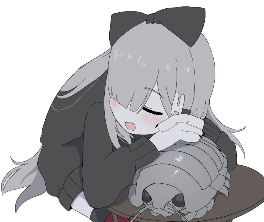 1girl, animal_hands, blunt_bangs, blush, fang, giant_isopod, grey_background, hair_ornament, hair_over_one_eye, highres, isopod, long_hair, original, oyasu_miyo_(vreparty), rabbit_hair_ornament, simple_background, sleeping, vreparty, white_background