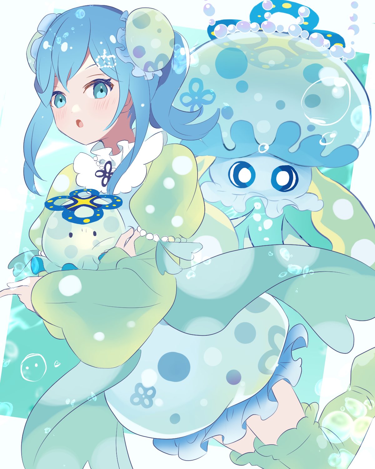 1girl, adapted_costume, alternate_costume, animal, aromaseraphy_rosemary, blue_eyes, blue_hair, bubble, dress, duel_monster, green_dress, highres, holding, holding_animal, jellyfish, looking_at_viewer, multchummy_purulia, ponytail, winegrapeivy30, yu-gi-oh!, zettai_ryouiki