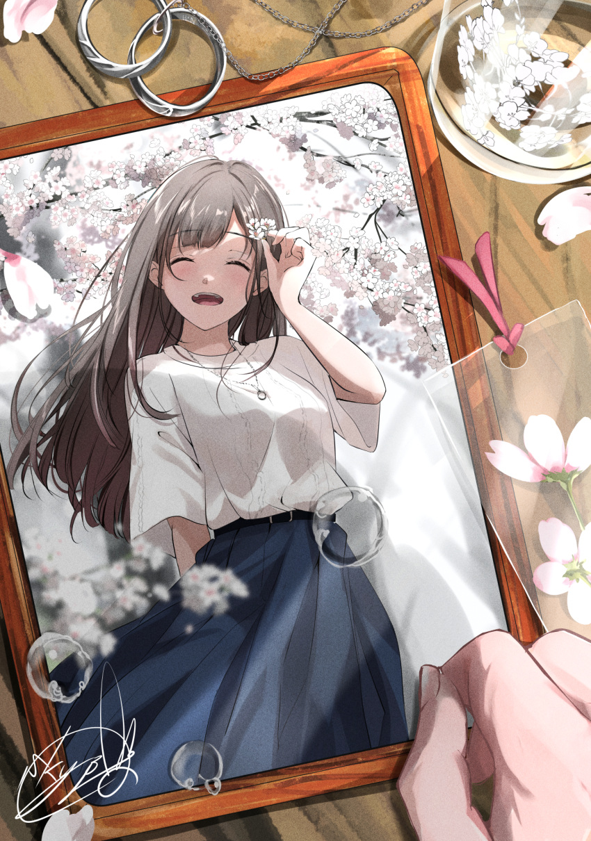 1girl, ^_^, arm_at_side, blue_skirt, blurry, brown_hair, bubble, cherry_blossoms