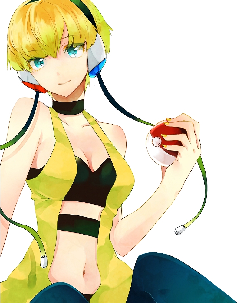 bare_shoulders, belly_button, blonde_hair, blue_eyes, bob_cut, breasts, cable, choker