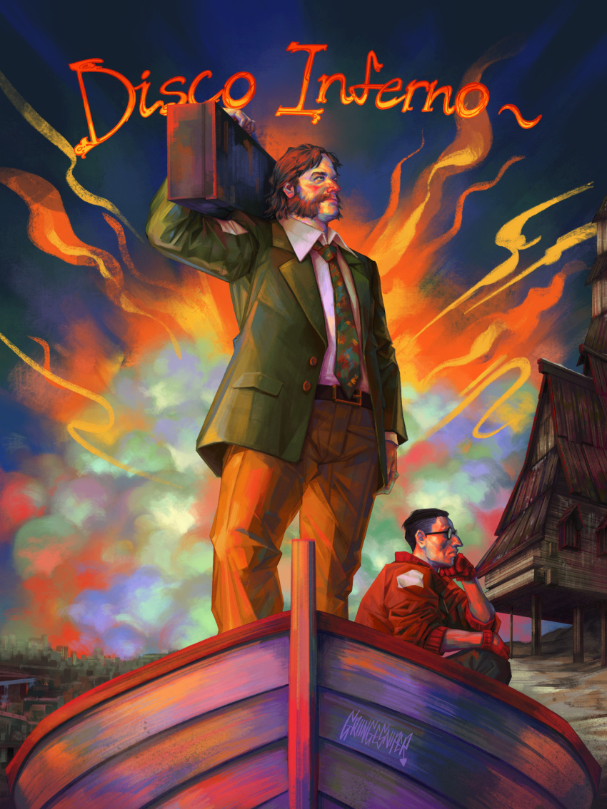 2boys, arm_at_side, artist_name, beard, belt, black_hair, boat, brown_hair