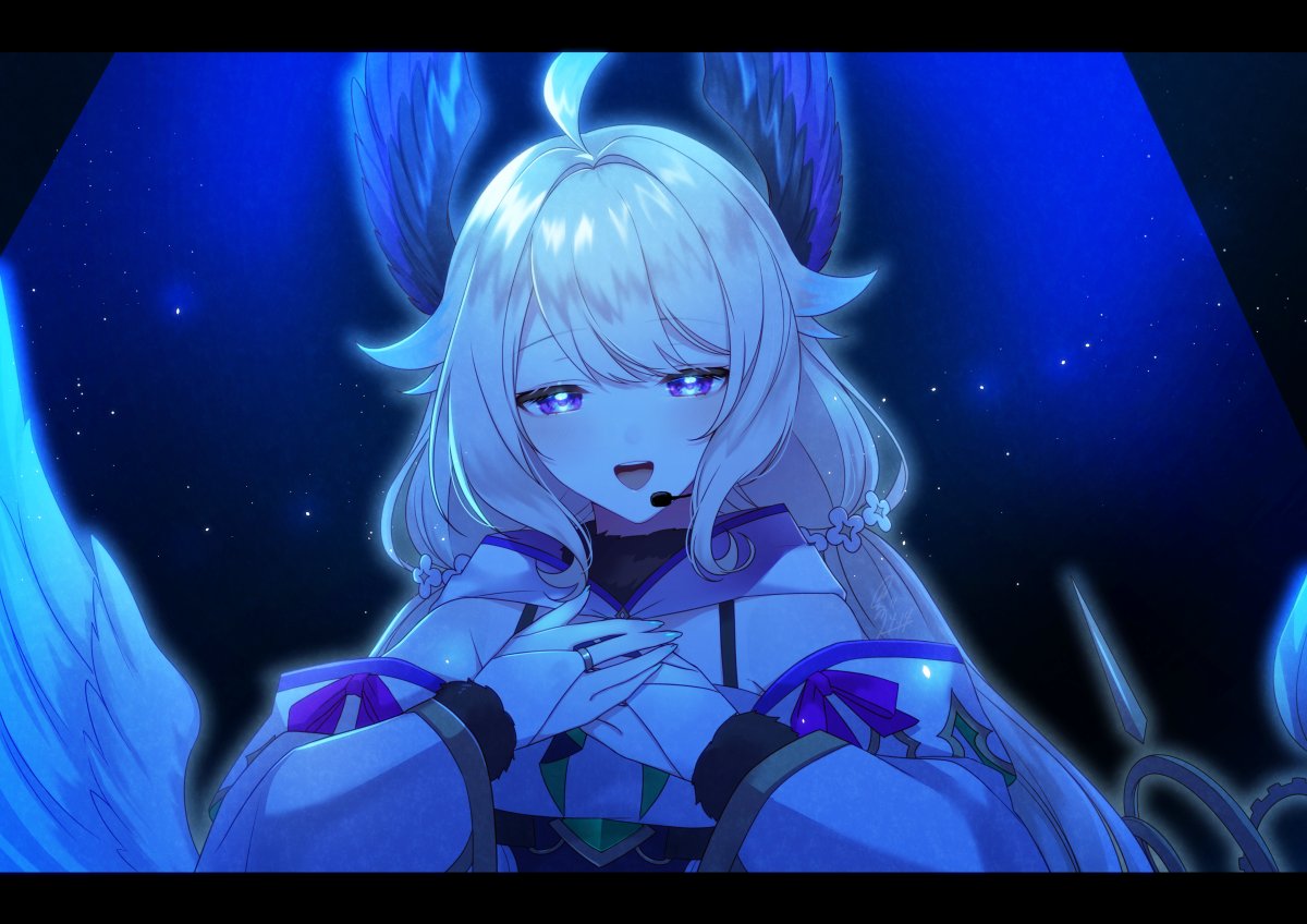 1girl, ahoge, blonde_hair, blue_hair, blue_theme, bridal_gauntlets, enna_alouette, flower