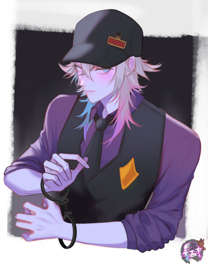 1boy, absurdres, alternate_costume, black_necktie, blue_eyes, blue_hair, blush, closed_mouth