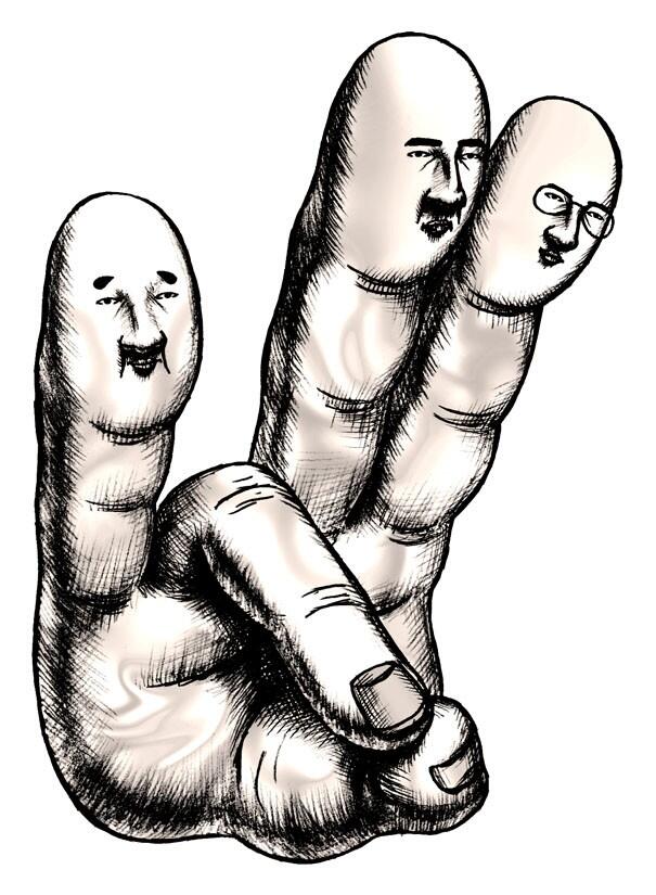 3boys, 88kasyo_junrei, commentary_request, disembodied_limb, expressionless, fingernails, glasses, hand_focus, multiple_boys, simple_background, surreal, taniguchi_takashi, white_background