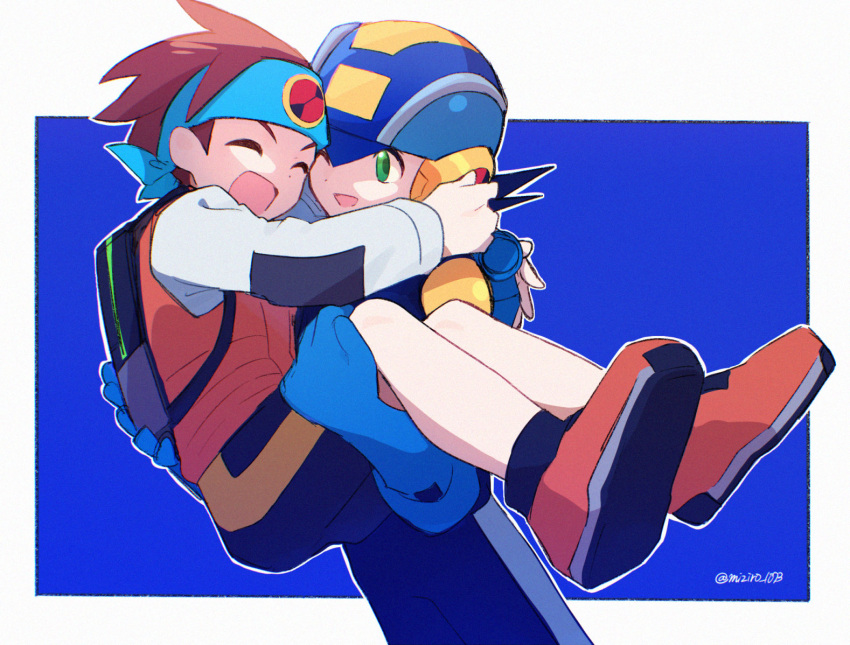2boys, bag, black_shorts, blue_background, blue_bodysuit, blue_headband, blue_helmet, bodysuit