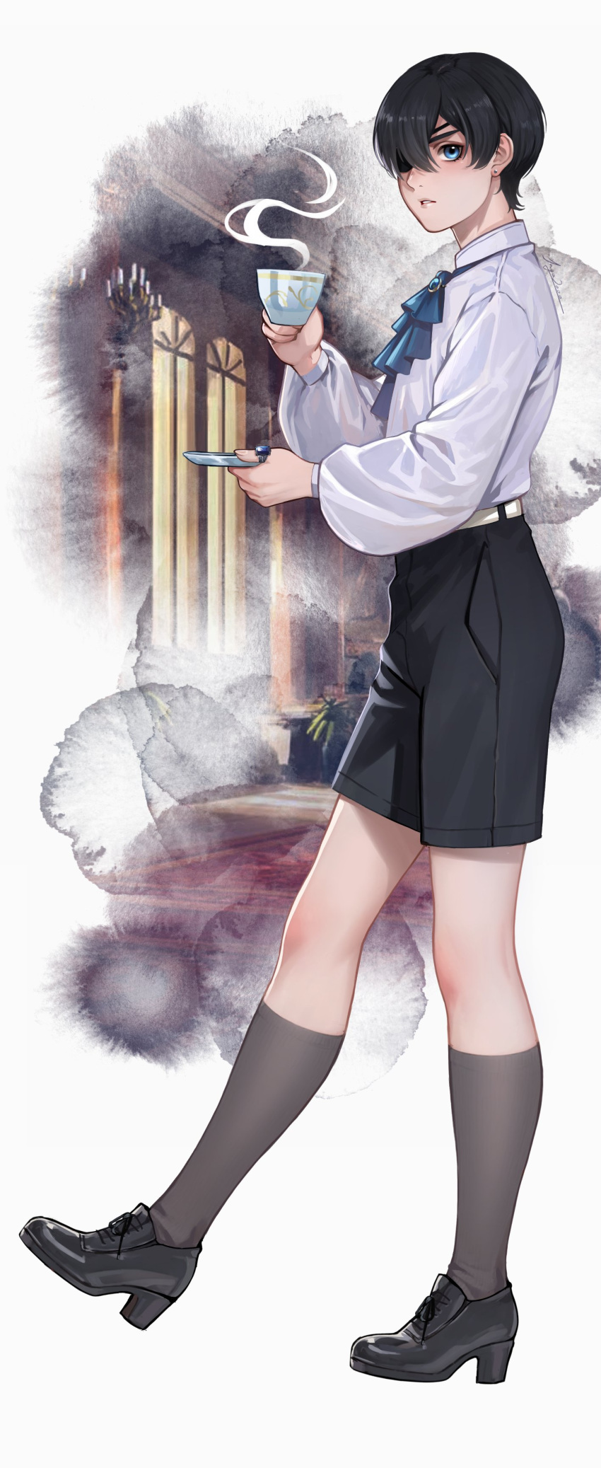 1boy, absurdres, ascot, bishounen, black_footwear, black_hair, black_shorts, black_socks