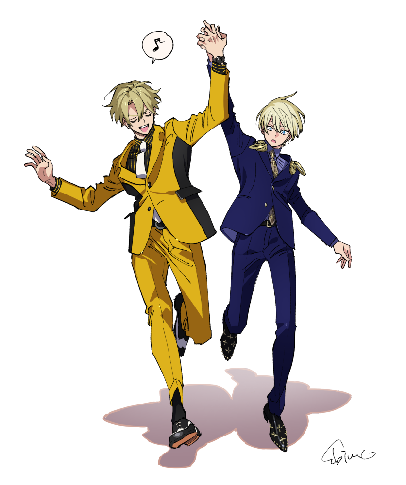 2boys, belt, black_belt, black_footwear, blonde_hair, blue_eyes, blue_jacket, blue_pants