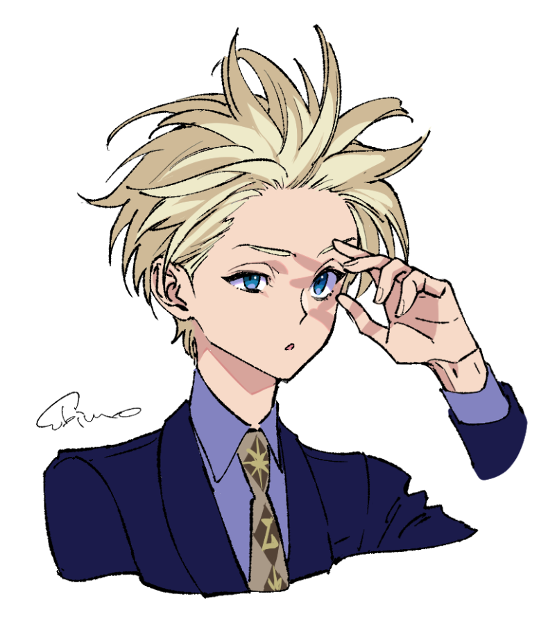 1boy, bangs_blown_up, blonde_hair, blue_eyes, blue_jacket, collared_shirt, finn_oldman, from_side