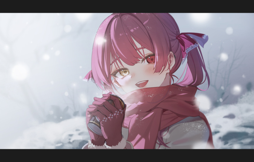 1girl, absurdres, alternate_costume, blush, can, cold, commentary_request, gloves, hands_up, head_tilt, heterochromia, highres, holding, holding_can, hololive, houshou_marine, letterboxed, looking_at_viewer, open_mouth, outdoors, own_hands_together, portrait, red_eyes, red_gloves, red_scarf, redhead, ruiuncle, scarf, smile, snow, snowing, solo, teeth, twintails, virtual_youtuber, yellow_eyes