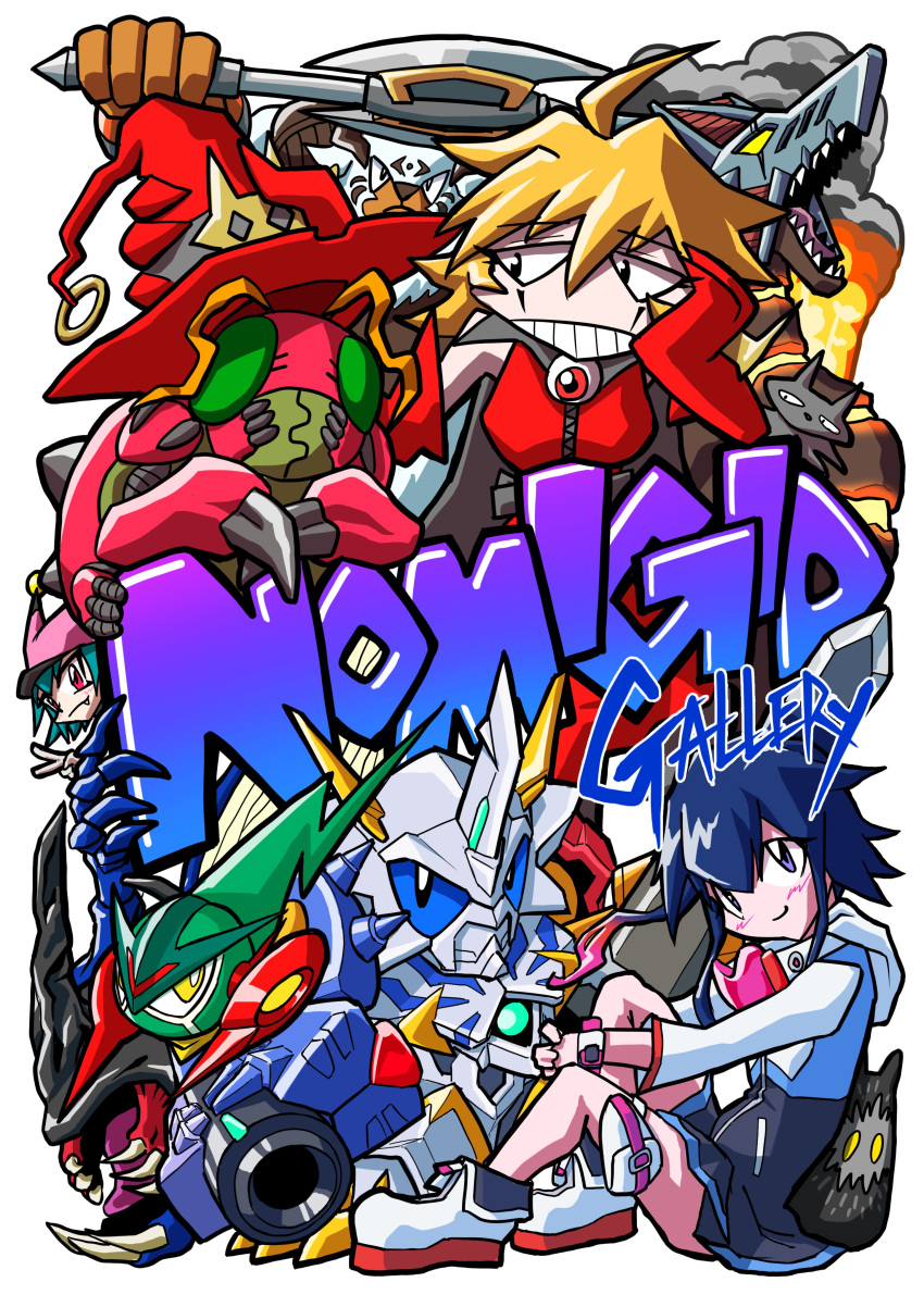 3girls, absurdres, ahoge, antennae, arm_cannon, artist_name, axe, blizzarmon