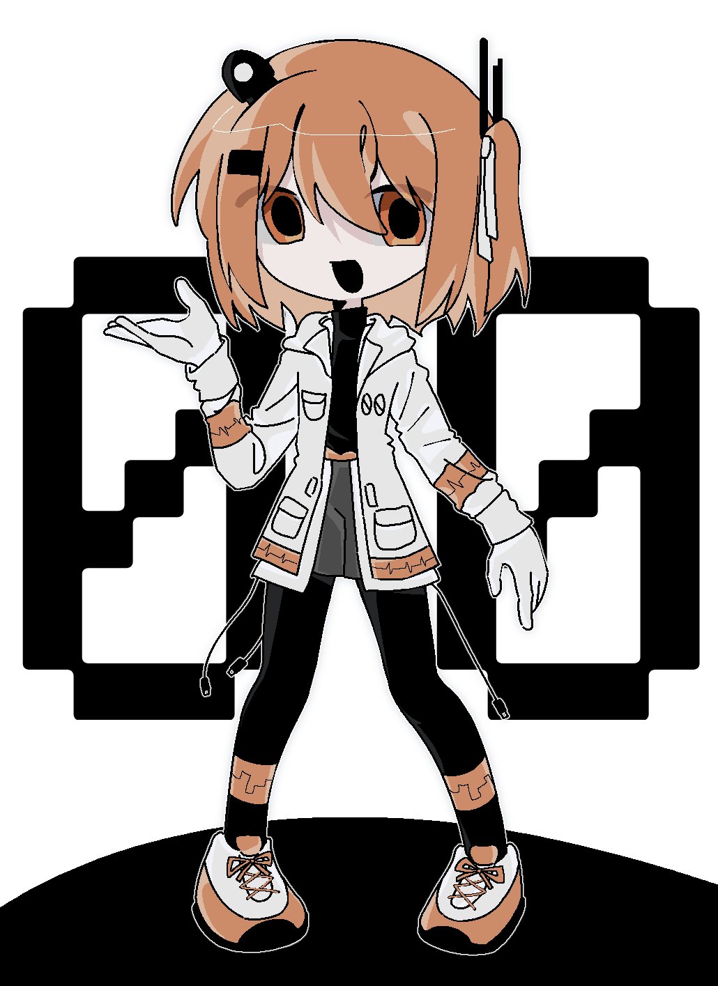 1girl, a.i._voice, adachi_rei, black_leggings, black_shirt, cable, cho_(chora_otaku00), full_body, grey_shorts, hair_between_eyes, hair_ornament, hair_ribbon, hairclip, hand_up, headlamp, highres, jacket, leggings, legs_apart, long_sleeves, looking_at_viewer, medium_hair, one_side_up, open_clothes, open_jacket, open_mouth, orange_eyes, orange_hair, radio_antenna, ribbon, shirt, shoes, shorts, solo, standing, utau, white_footwear, white_jacket, white_ribbon