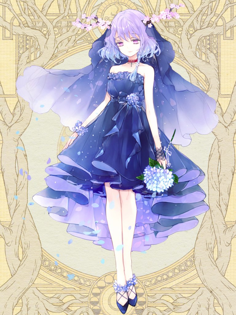 1girl, ankle_flower, antlers, bare_arms, bare_shoulders, blue_bow, blue_dress, blue_eyes