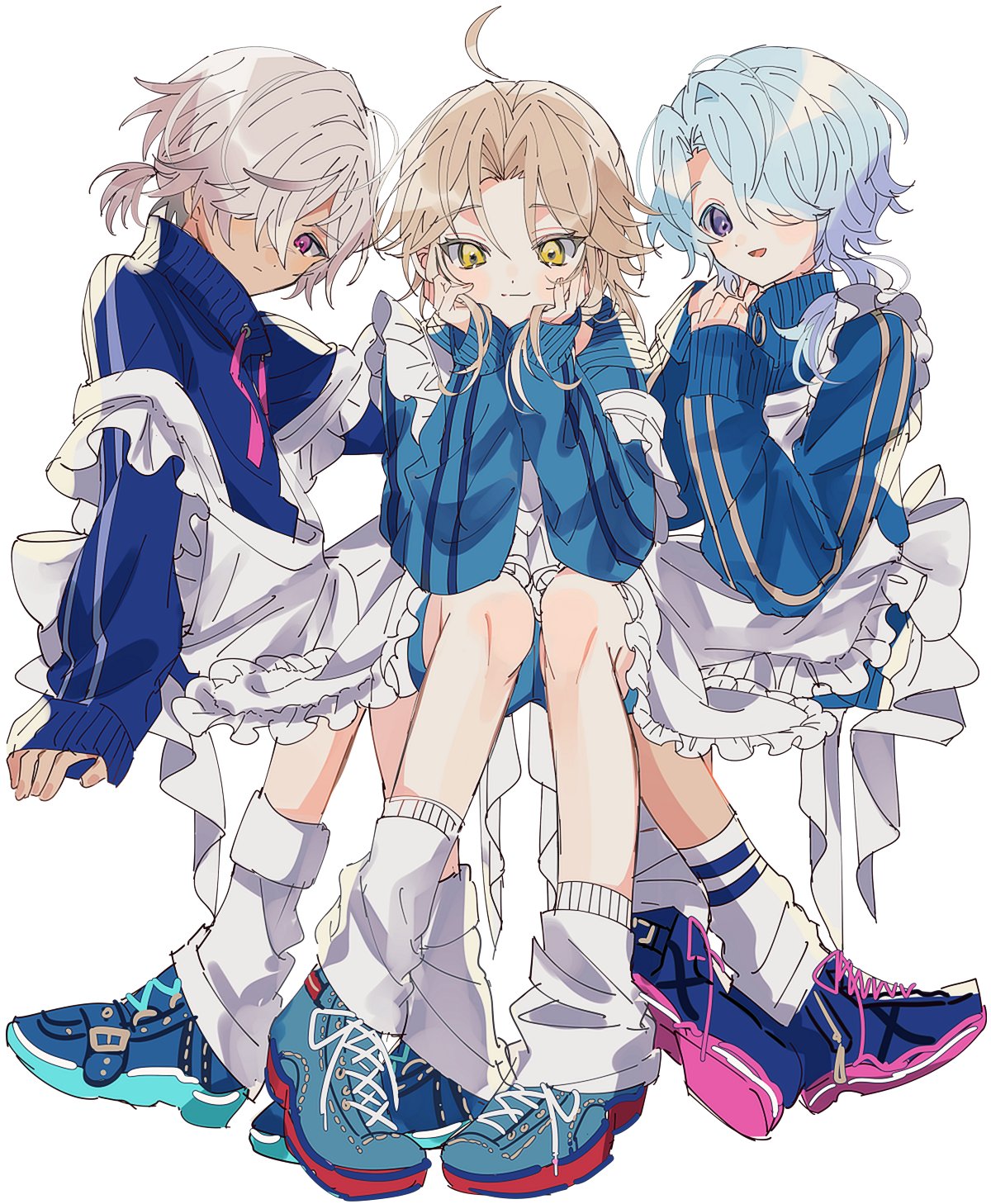 3boys, apron, arlan_(honkai:_star_rail), blonde_hair, blue_hair, gg_suyari, highres, honkai:_star_rail