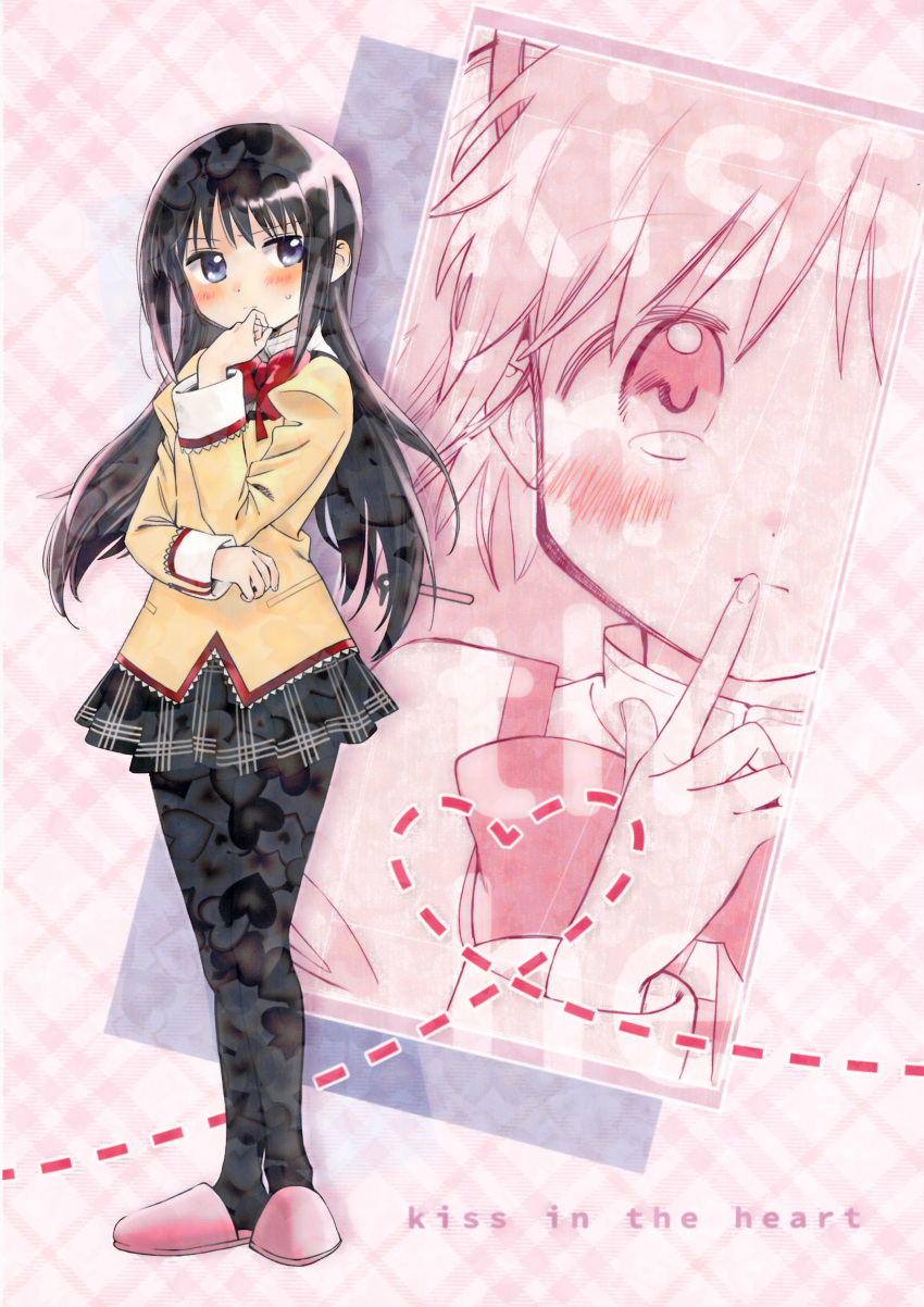 2girls, absurdres, akemi_homura, black_hair, black_hairband, black_pantyhose, black_skirt, blush
