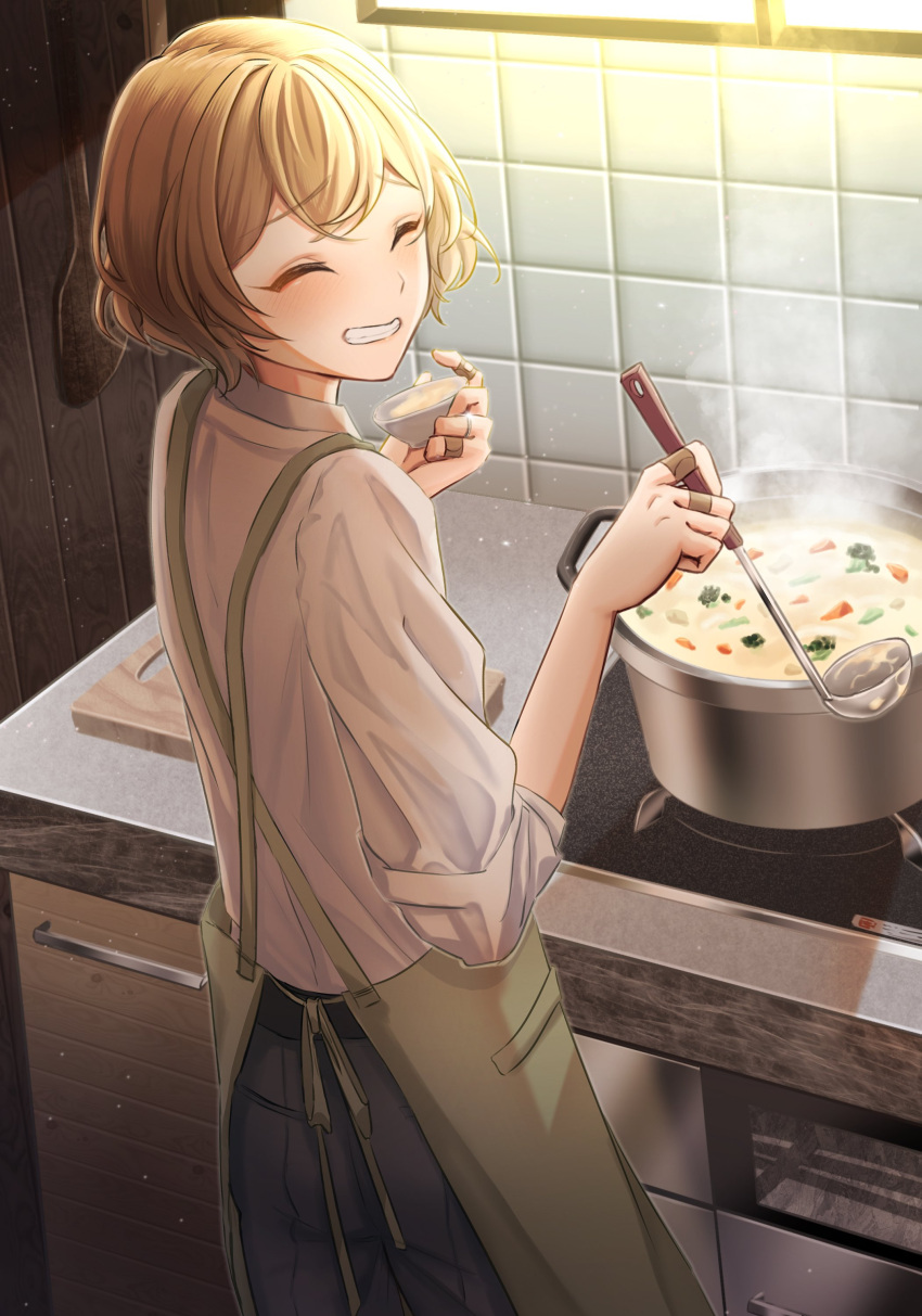 absurdres, apron, bandaged_fingers, bandages, black_pants, blonde_hair, cooking, cutting_board