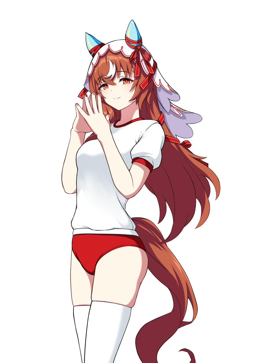 1girl, absurdres, animal_ears, bails, breasts, brown_hair, buruma, closed_mouth