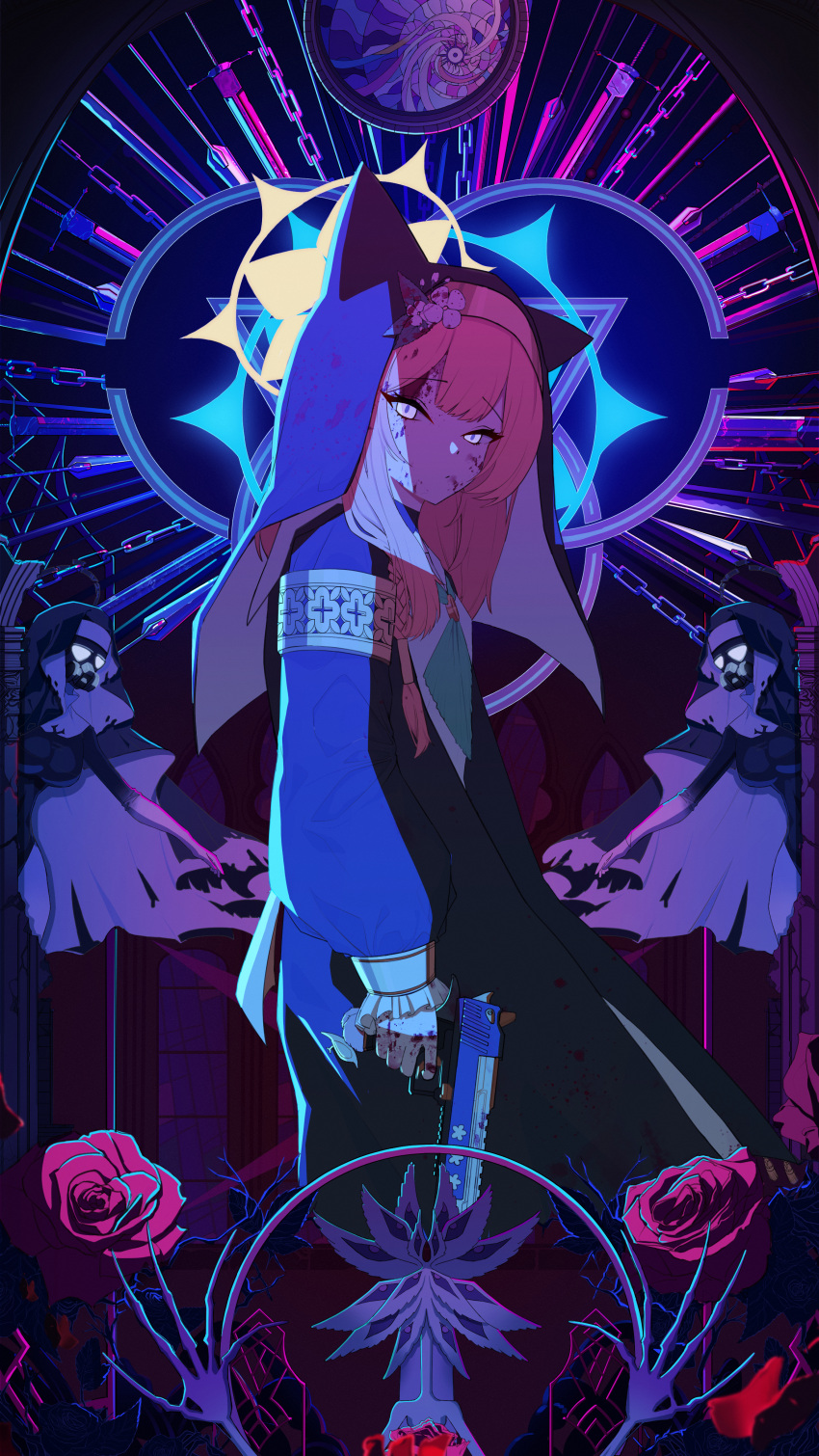 3girls, absurdres, animal_ear_headwear, blood, blood_on_face, blood_on_hands, blue_archive, commentary