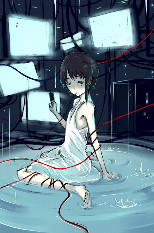 barefoot, black_eyes, brown_hair, cable, chemise, hair_ornament, iwakura_lain, lowres