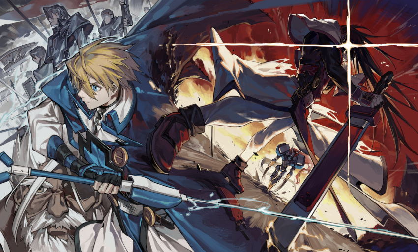 1girl, 3boys, absurdres, blonde_hair, blue_eyes, brown_hair, cape, electricity, english_text, fireseal, guilty_gear, guilty_gear_xx, highres, holding, holding_sword, holding_weapon, justice_(guilty_gear), kliff_undersn, ky_kiske, long_hair, multiple_boys, multiple_views, onigiri_post_0, order-sol, short_hair, sol_badguy, sword, thunderseal, weapon