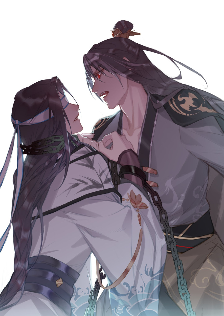 2boys, angry, bamboo_print, black_cape, black_hair, black_sash, blindfold, cape