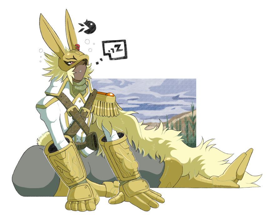 1boy, animal_ears, armored_boots, blonde_hair, boots, brown_pants, coat, dark-skinned_male, dark_skin, diarbbitmon, digimon, digimon_(creature), eye_mask, fur_coat, gauntlets, gold_footwear, highres, jacket, looking_up, pants, rabbit_ears, single_shoulder_pad, softkeychain, softkeychains, solo, spiky_hair, squeans, twitter_username, white_background, white_jacket
