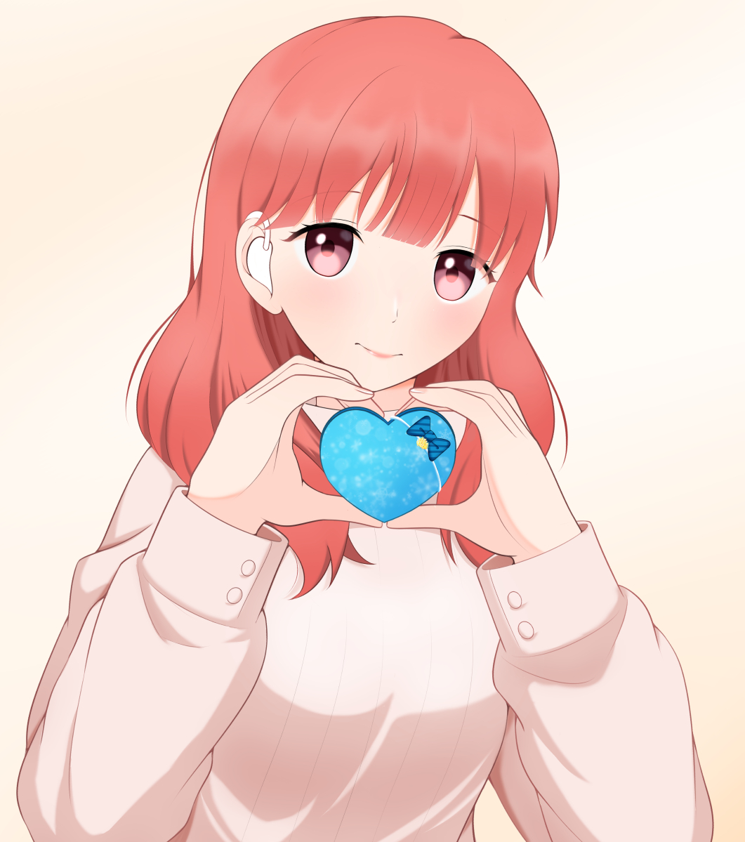 1girl, blush, box, gift, hearing_aid, heart, heart-shaped_box, heart_hands
