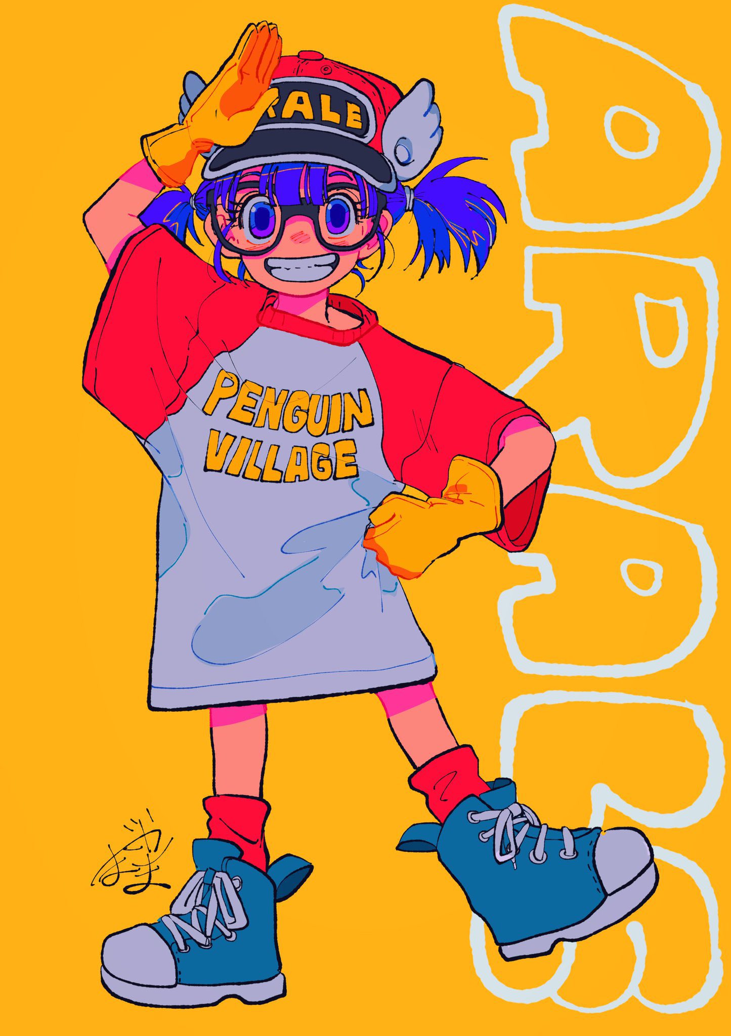 1girl, baseball_cap, blue_eyes, blue_hair, character_name, child, clothes_writing, commentary_request